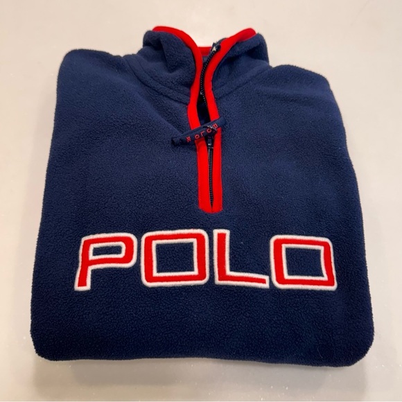 Polo Ralph Lauren Boys Fleece 1/4 Zip Navy Blue Red Trim POLO Logo Pullover Sz 6 - Picture 10 of 13